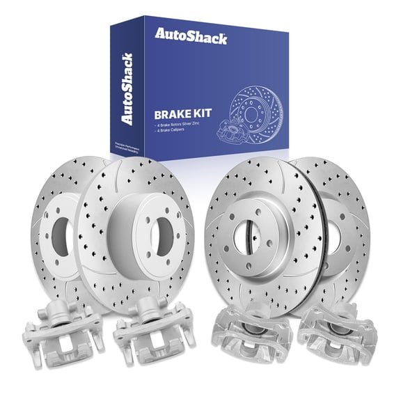 AutoShack Front & Rear Brake Rotors & Calipers for Mitsubishi, Lancer 2008-2016 Outlander 2008-2013, FWD AWD L4 2.0L 2.4L - Silver Zinc Coated Drilled & Slotted - SilverShield Pro