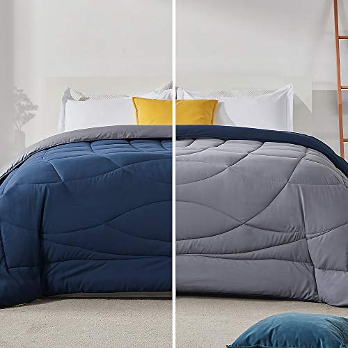SLEEP ZONE All Season Comforter Down Alternative Soft Temperature Regulation Reversible Duvet, NavyBlue+Gray, King
