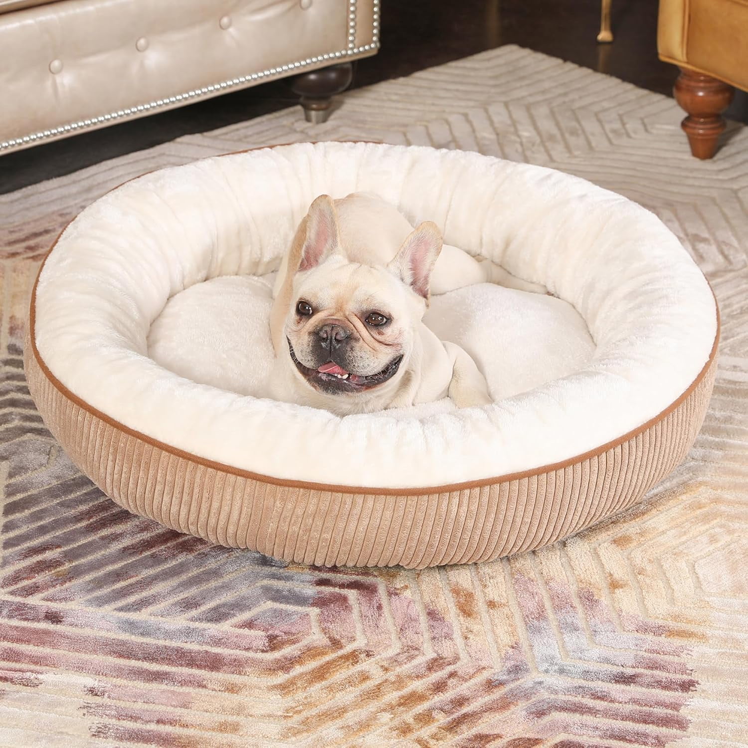 Donut Dog Bed,30 Inches Calming Round Dog Beds for Medium Dogs,Washable Anti Anxiety Cuddler Dog Bed with Removable Cover(Brown,Medium)