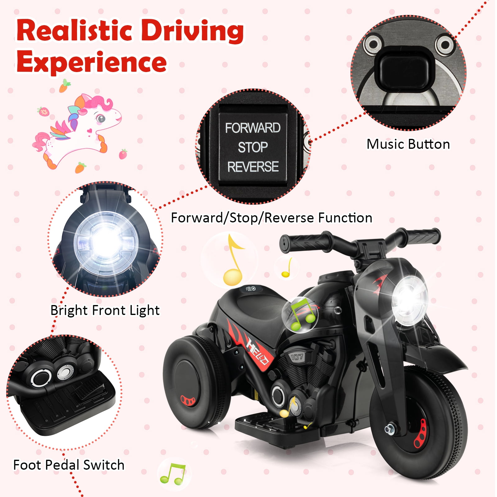 Costway 6V Kids Bubble Car Electric Ride on Motorcycle with Music Button & LED Headlight Black