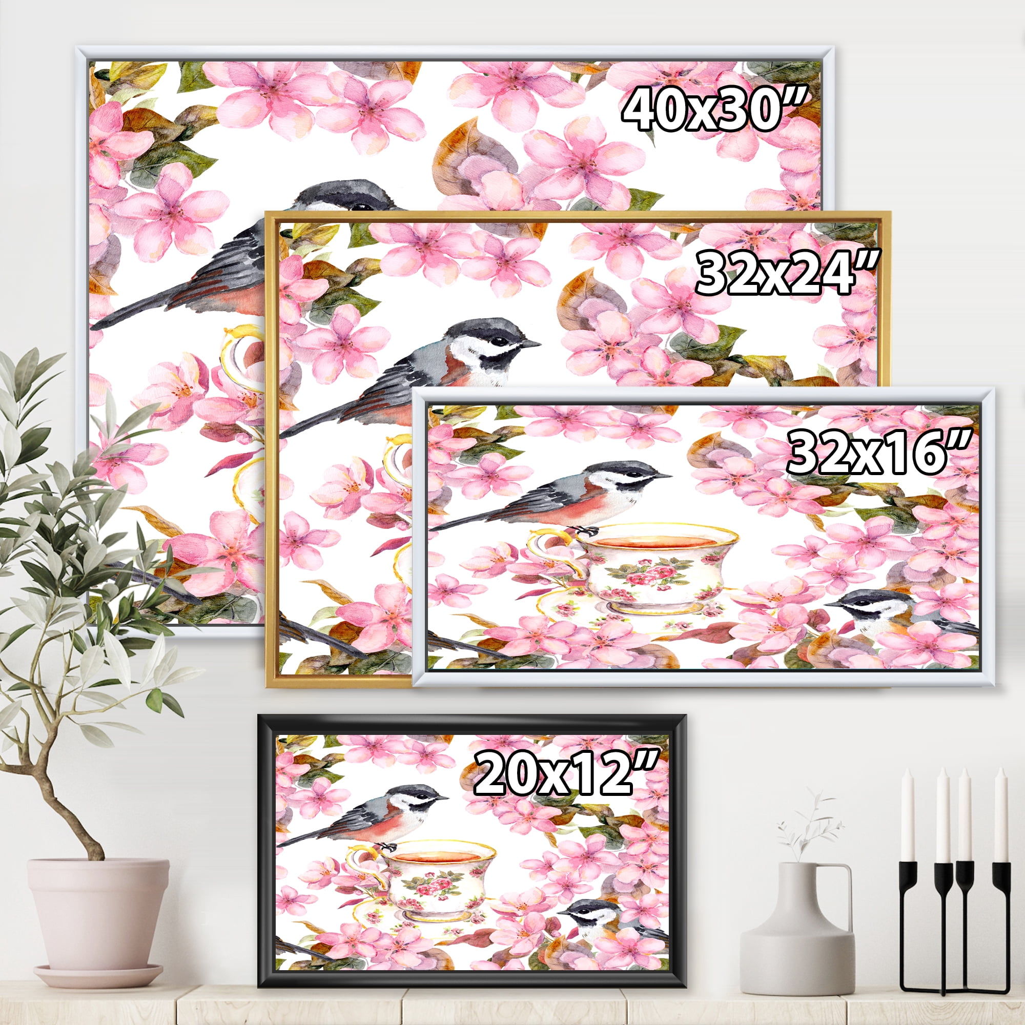 Tea Cup Birds and Pink Flowers 20 in x 12 in Framed Painting Canvas Art Print, by Designart