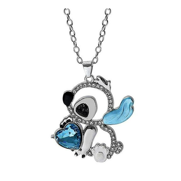 Stitch Cartoon Character with Rhinestones & Blue Heart Gem Pendant Necklace