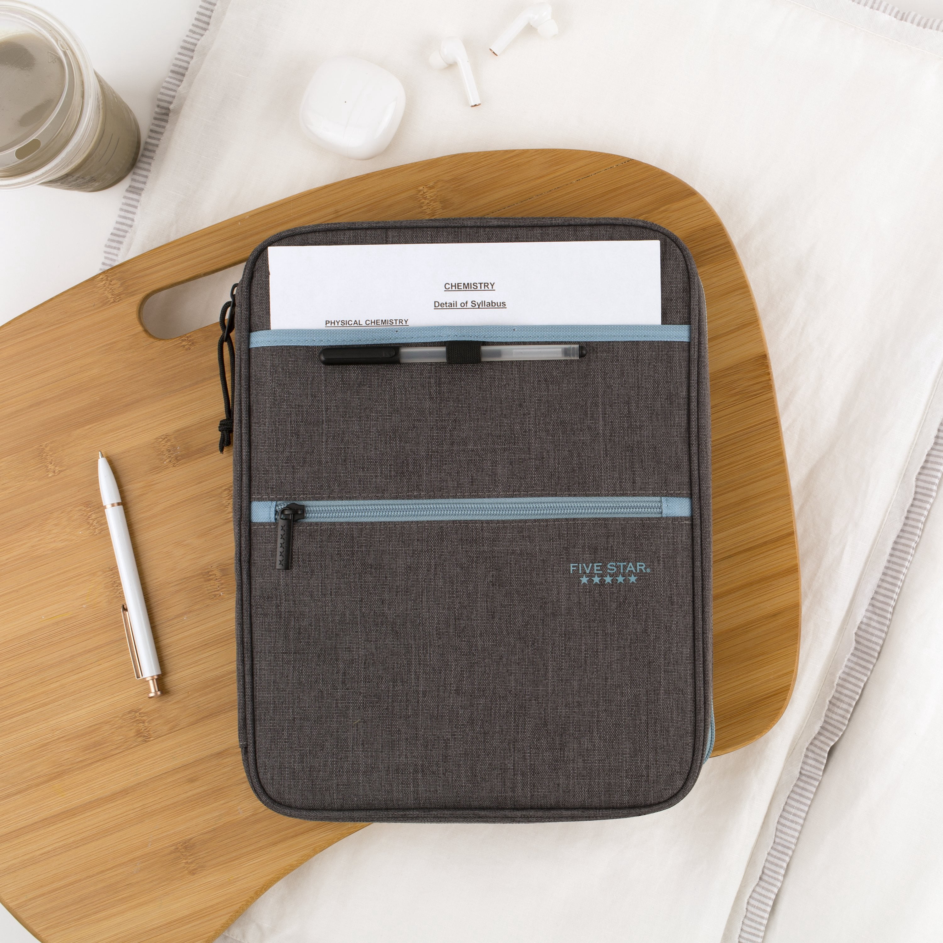 Five Star Zipper Binder, 1 Inch 3-Ring Binder, Carry-All with Internal Pockets and Dividers, Gray/Teal