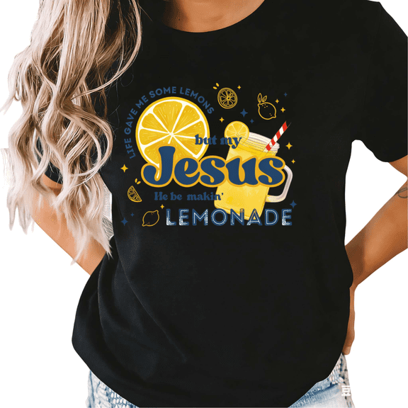 UNISHE Women's "Jesus He Be Makin' Lemonade" Christian Graphic Black Short Sleeve T-Shirt Casual Cotton Crewneck Top