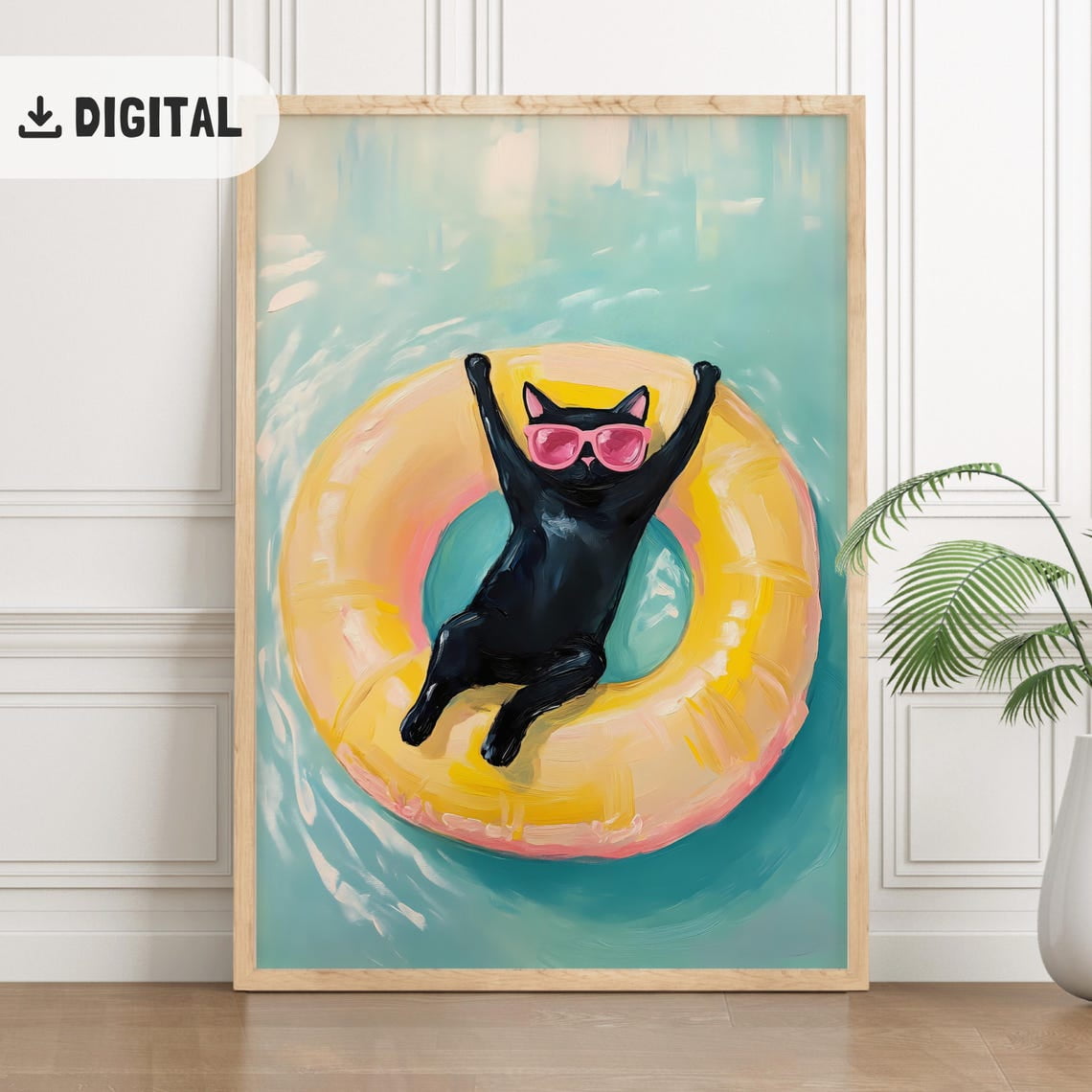 Black Cat Beach Wall Art Print Coastal Summer Home Decor Unframed Paper Print