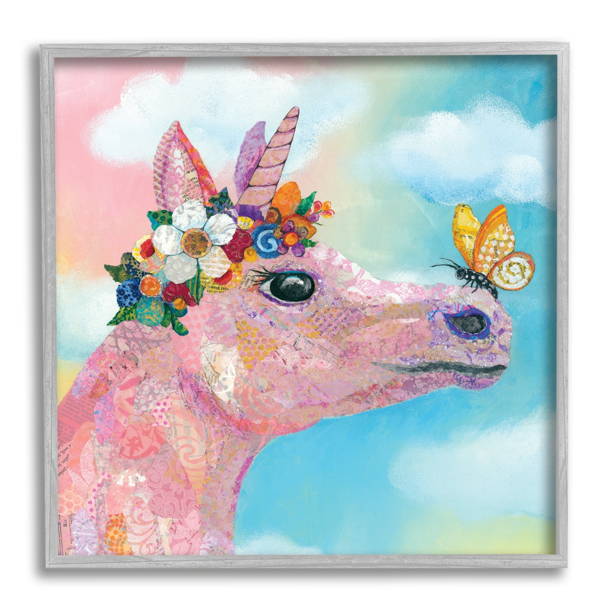 Stupell Industries Butterfly Kisses Pink Fantasy Unicorn Flower Blossoms Painting Gray Framed Art Print Wall Art, Design by Lisa Morales