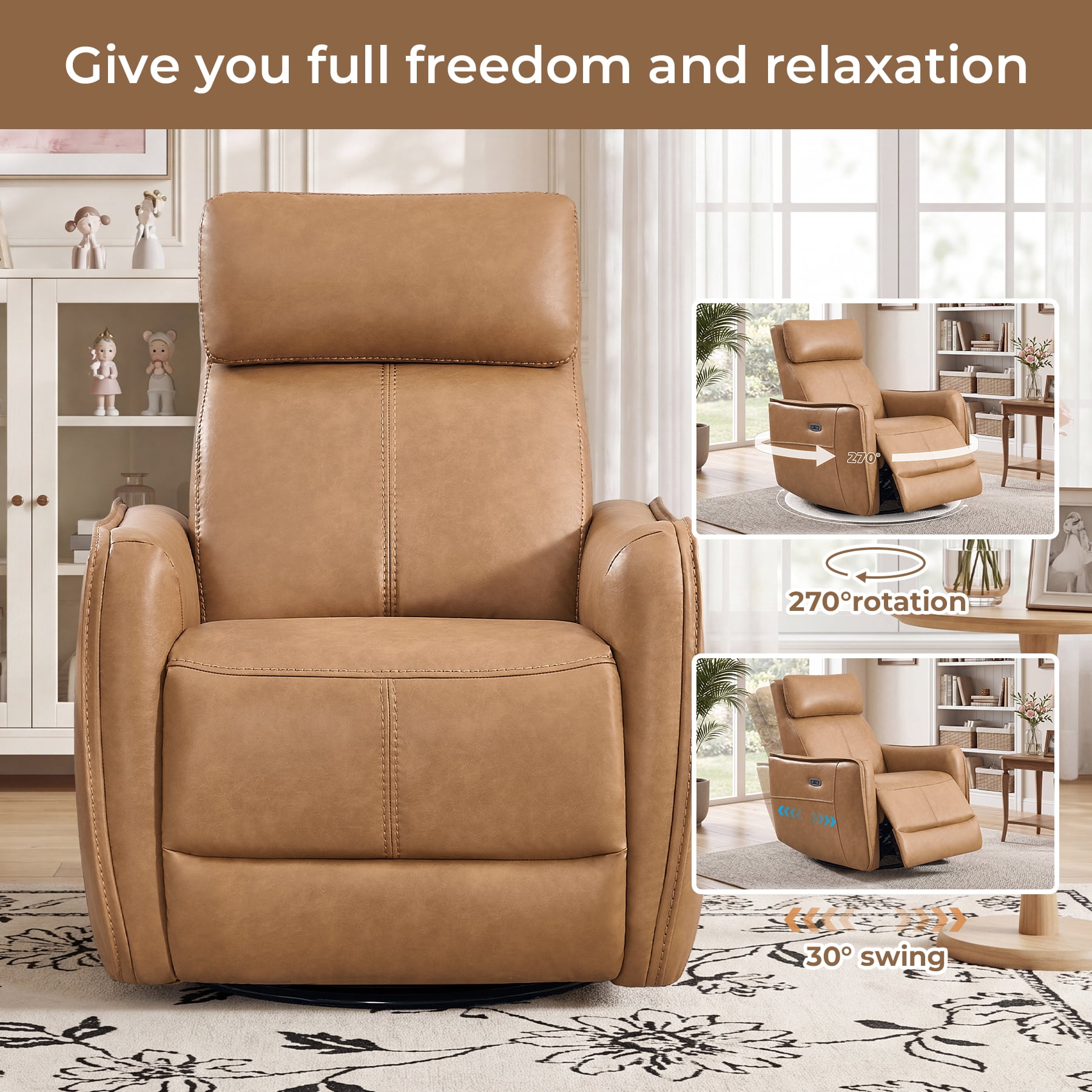 Ebello Power PU Leather Swivel Rocker Recliner, Electric Swivel Glider Chair with USB & Type-C Ports for Nursery, Living Room, Brown