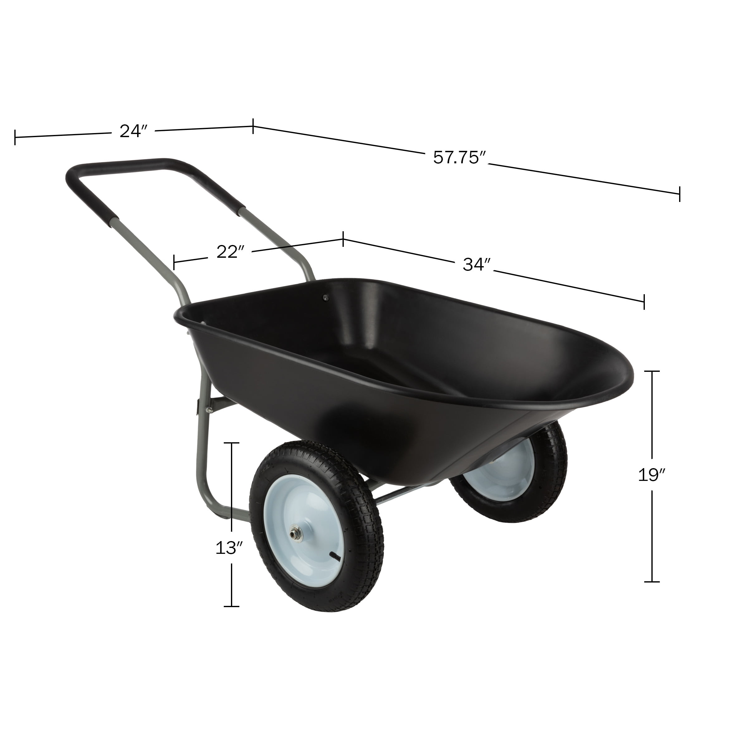 Pure Garden 2-Tire Wheelbarrow with 300lb Capacity and Padded Handle, Black