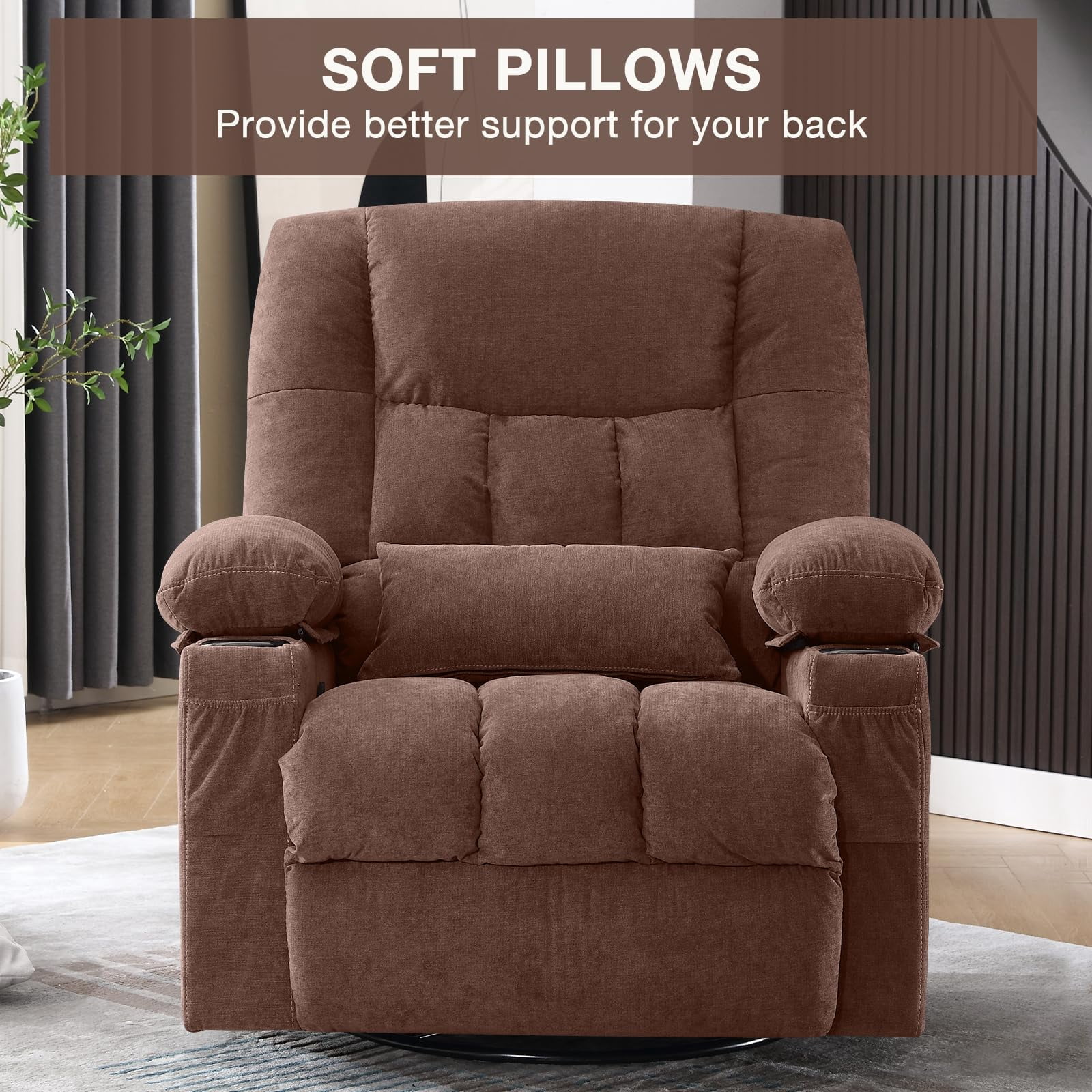 Oversized Massage Recliner Chair for Elderly,Modern Living Room Electric Rocking & Reclining Chairs with with Heat, 8-Point Vibration,USB Charger and Cup Holders, Plush Velvet Single Sofa, Brown