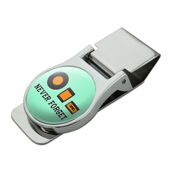 Never Forget Music Record 8 Track Cassette Vinyl Satin Chrome Plated Metal Money Clip