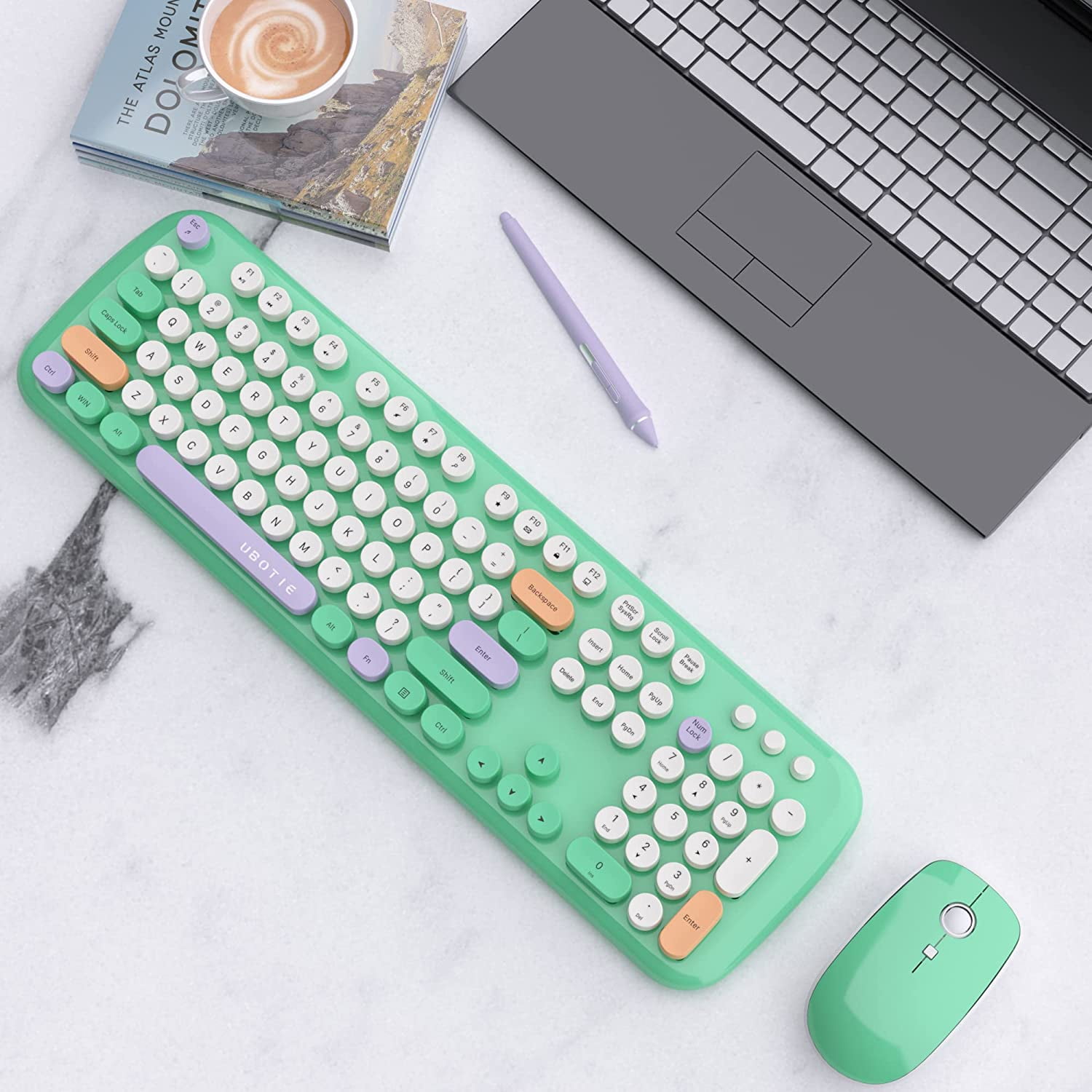 Colorful Wireless Computer Keyboards Mouse Combos, UBOTIE Polychrome Round Keycaps Retro PC Keyboards 2.4GHz Radio Frequency Connection with Optical Mouse(Blue-Black)