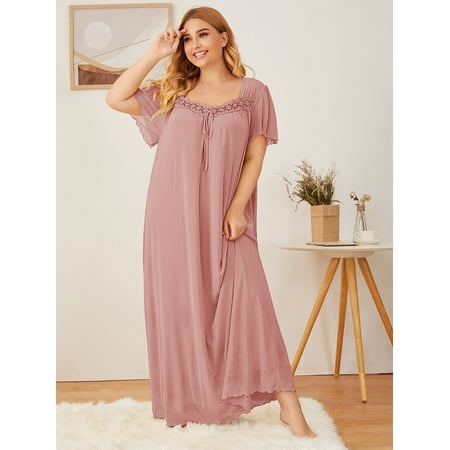 

Women s Plus Embroidered Mesh Trim Tie Front Night Dress 2XL(16) Pink Cute F22001D