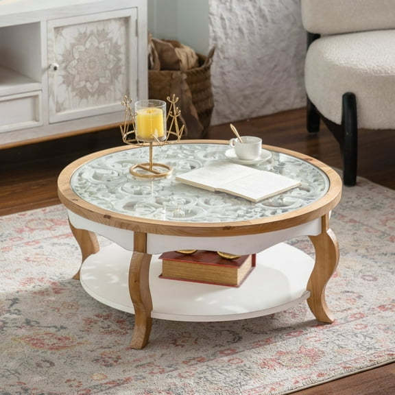 Solid Wood Coffee Table with Removable Glass Top, Curved Legs,Round  European Scroll Pattern, Elegant Center Table For Living Room Small Space