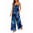 thumbnail image 2 of Women'S Casual Denim Patchwork Romper Spaghetti Strap Wide Leg Jumpsuit Summer Outfits With Pockets, 2 of 7