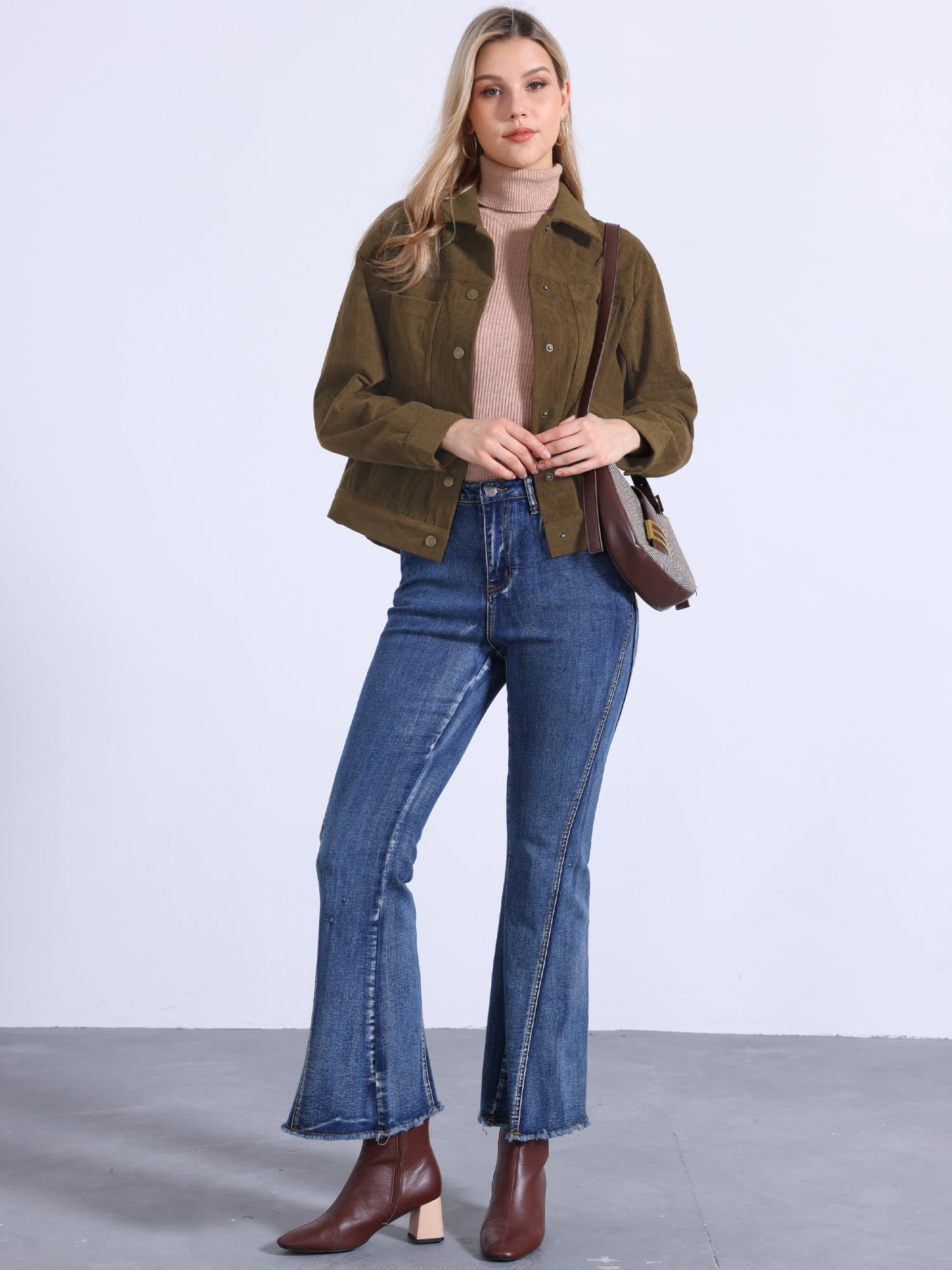 DARING DIVA Women's Corduroy Long Sleeve Button Down Shacket Jacket L Brown