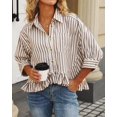 thumbnail image 3 of Blusa de verano CHYRII para mujer, con volantes y botones, a rayas, color canela, 3 of 6