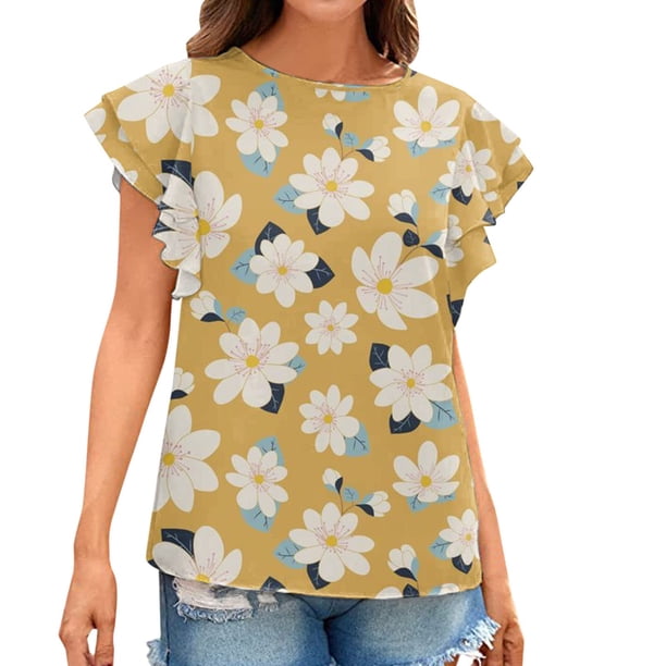 Moda mujer verano casual cuello redondo volantes manga corta impresión tops pullover blusa Pompotops hkajfhjk468013