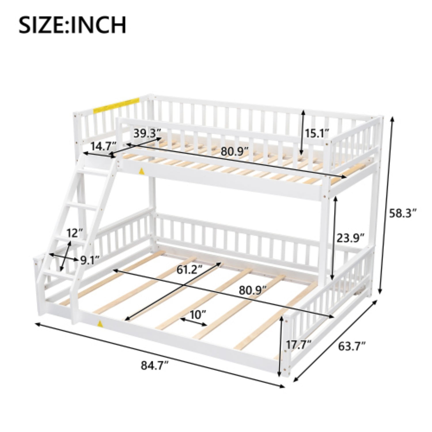 Twin XL Over Queen Bunk Bed with Ladder, Convertible Wood Bunk Bed Frame with Safety Guardrails, Solid Pine Wood Space Saving Bed for Bedroom, White