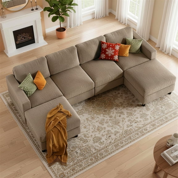 Aukfa 101" Corduroy U-Shaped Sectional Sofa with 2 Ottomans, 6-Seater Cloud Couch, Camel