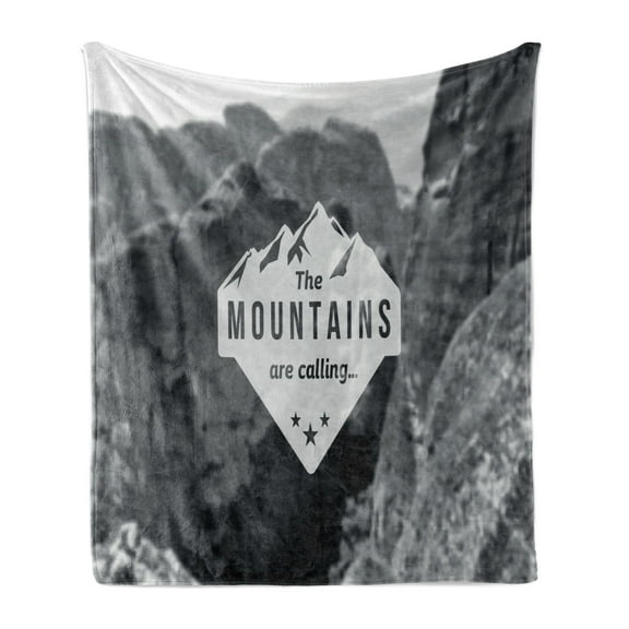 Adventure Soft Flannel Fleece Throw Blanket, Mountains are Calling Landscape Picture with Words Artwork Print, Cozy Plush for Indoor and Outdoor Use, 70" x 90", Grey Dark Grey, by Ambesonne