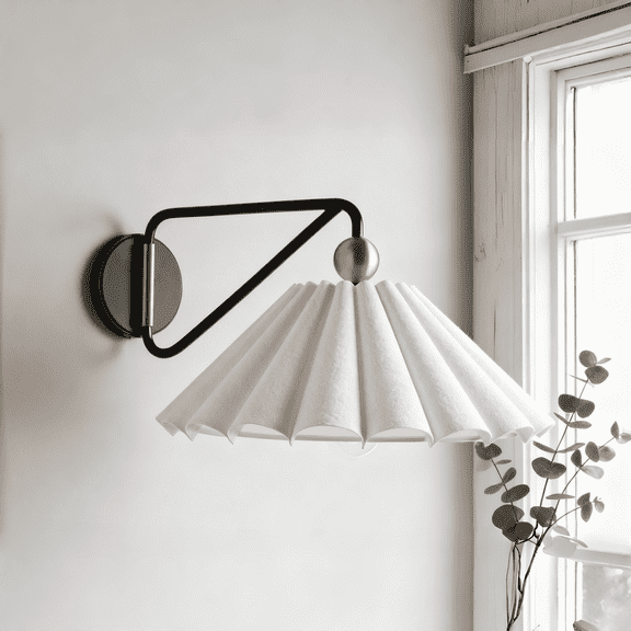 Modern Two-Tone Brass Finish Wall Sconce, Natural Linen Pleated Fabric Lampshade, Indoor Wall Lamp for Living Room, Bedroom, Dining Room