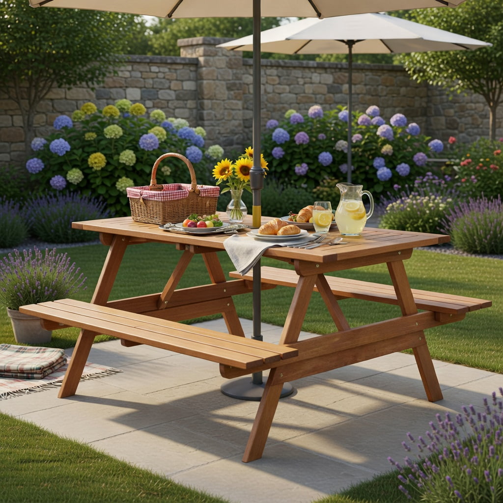 Hommoo 6-Person Outdoor Picnic Table Set with Built-In Benches & Umbrella Hole, Hardwood Rectangular Patio Table for Backyard, Garden, Poolside, Natural