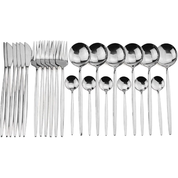 24-Piece Flatware Set, 18/0 Stainless Steel Knife Fork Spoon Teaspoon Silverware Set, Service for 6, MIrror Silver