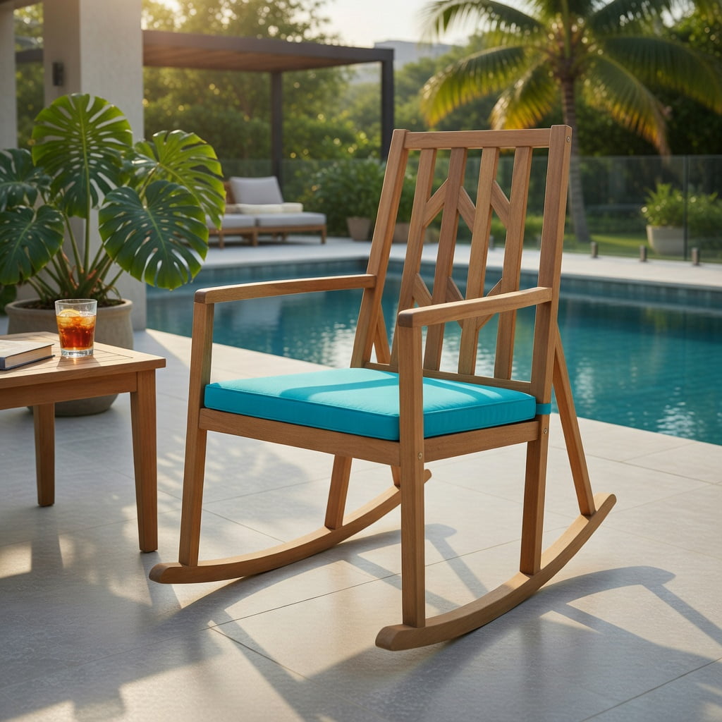 Hommoo Acacia Wood Patio Rocking Chair Sofa with Removable Turquoise Cushion, Outdoor Garden & Deck Rocker for Backyard, Poolside, or Porch, Turquoise