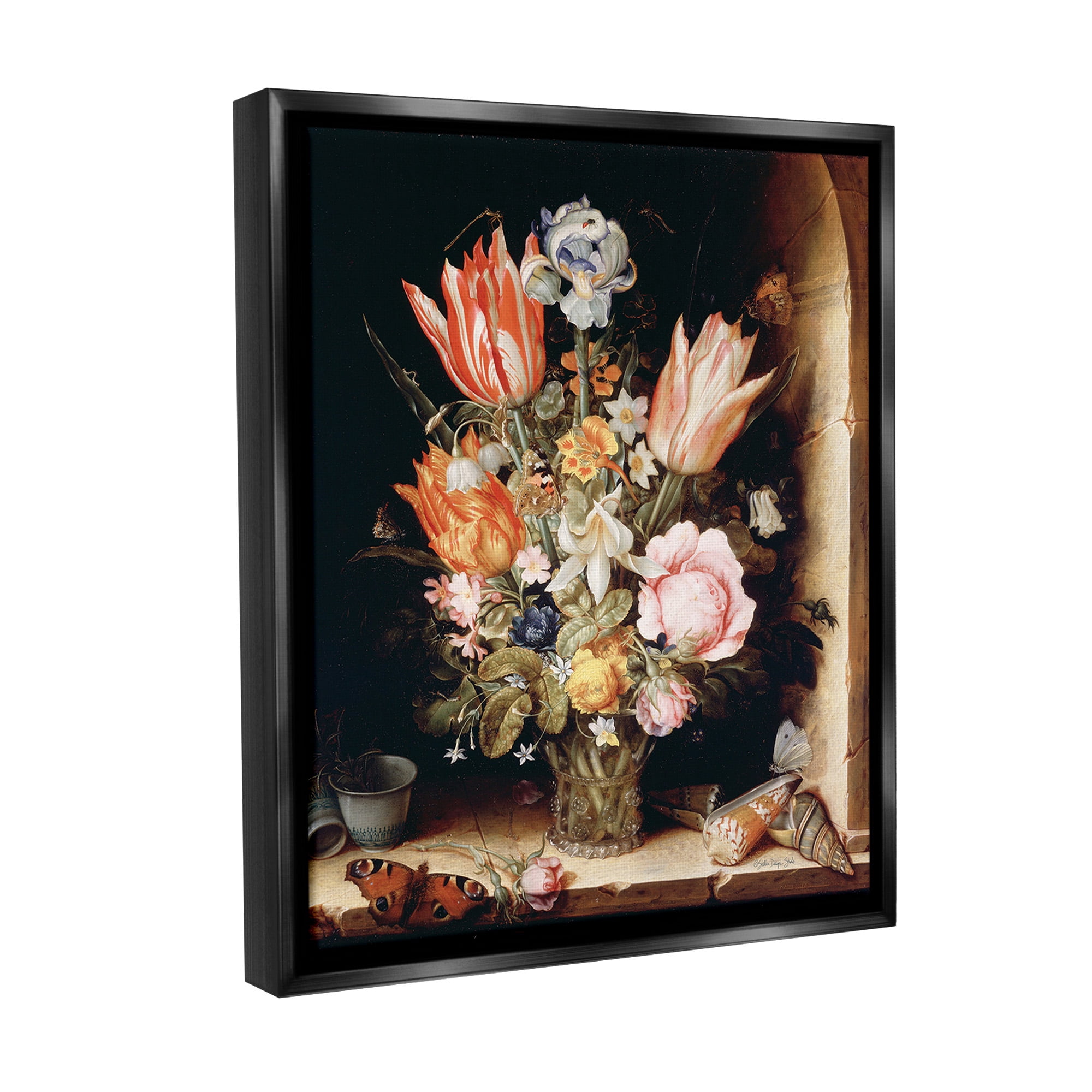 Stupell Industries Classic Bouquet Still Life Botanical & Floral Painting Black Floater Framed Canvas Art Print Wall Art, 25 x 31