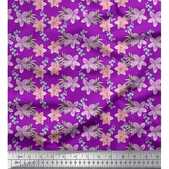 Soimoi Purple polyester Crepe Fabric Leaves & Flower Floral Fabric Prints By Yard 42 Inch Wide