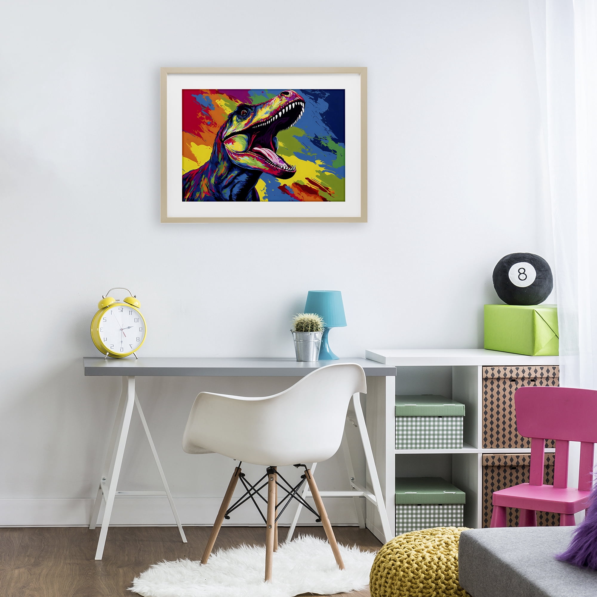 Stupell Industries Brightly Colored Dinosaur Birch Framed Print Under Glass, design by Creative Studio