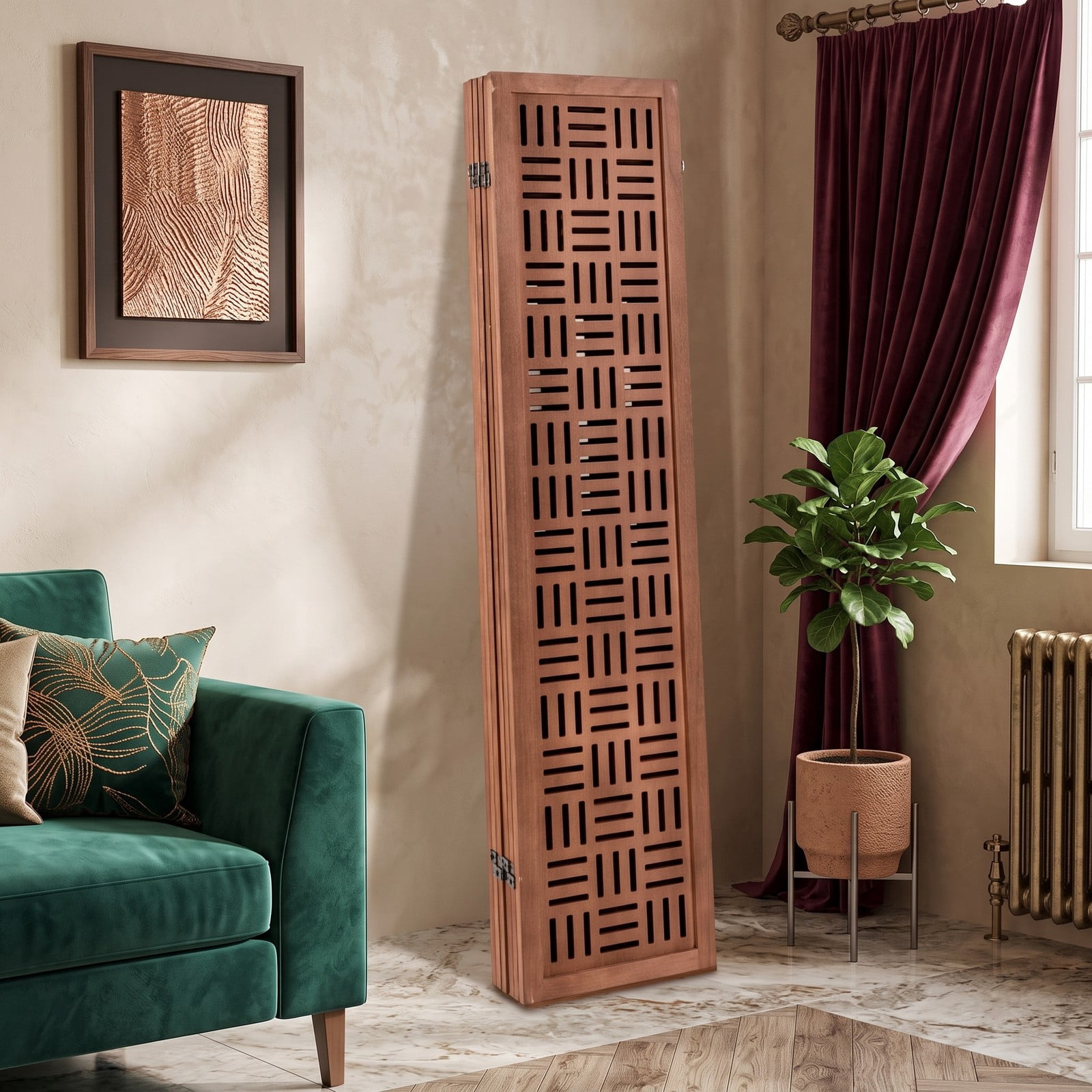 ALPULON 6-Panel Solid Wood Room Divider Folding Partition Screen, Freestanding Paulownia Wood Privacy Panel with Cut-Out Pattern for Living Room Bedroom Office, Walnut