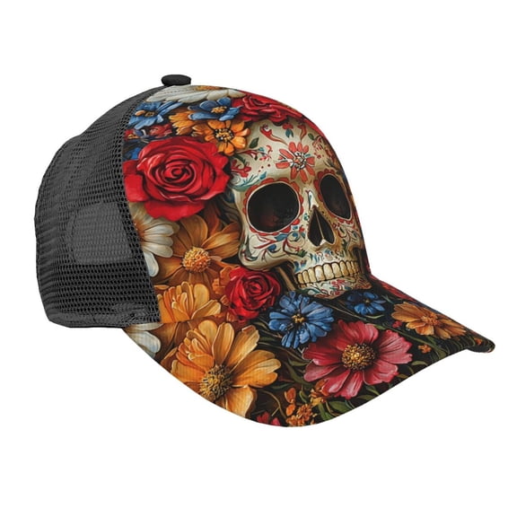 Mesh Baseball Caps Trucker Sun Hat Adjustable Fashion Snapback, Sugar Skull Flowers Floral