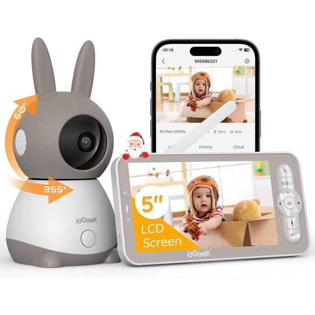 Monitor para bebés ieGeek con resolución HD 2K, pantalla LCD de 5 pulgadas con movimiento panorámico, inclinación y zoom