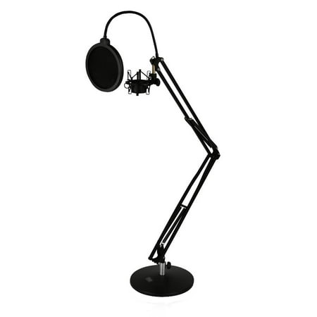 Tail Boom Support Mount - Tabletop Suspension Microphone Boom Stand - Studio Scissor Arm Mic Mount, Includes Pop Filter and Anti-Vibration Shock Mount