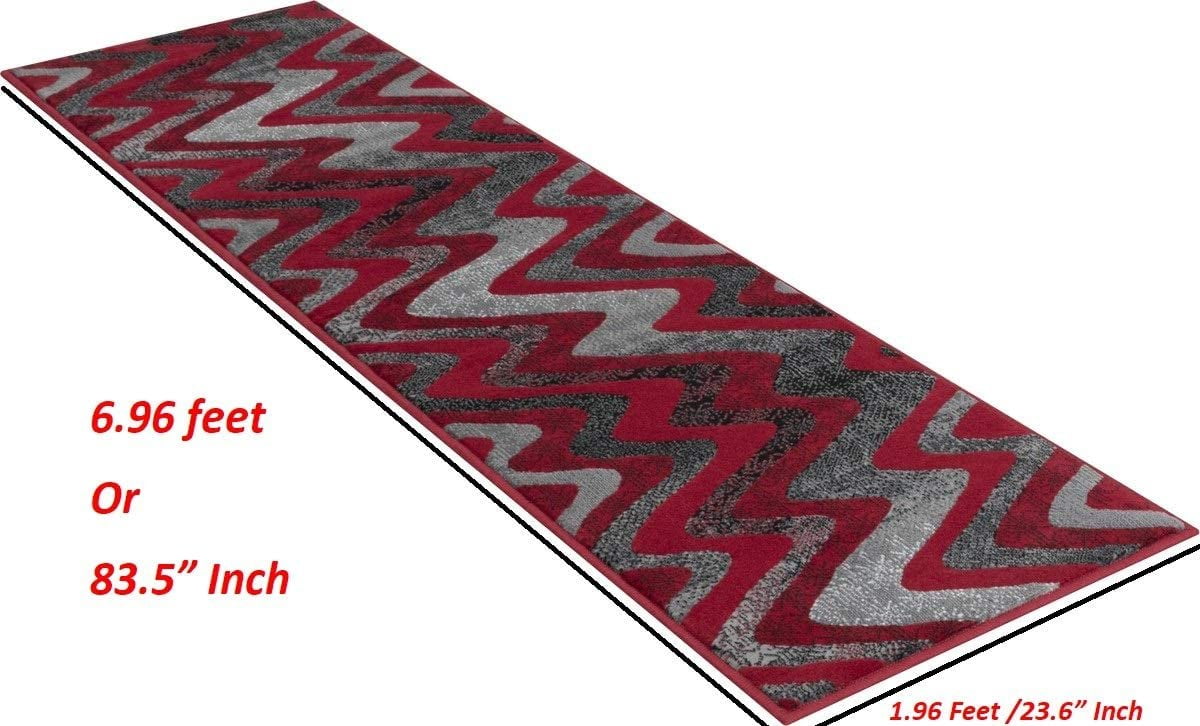 Red Gray Silver Black Abstract Area Rug Modern Zigzag Wave Pattern 1'96" x 6'96" Runner