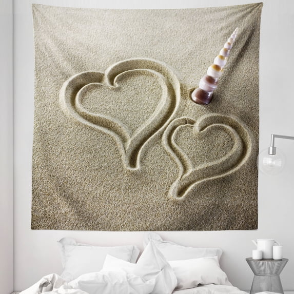 Shell Tapestry, Heart Shapes Finger Drawn on Sand and Sink Seashell Love Photo, Fabric Wall Hanging Decor for Bedroom Living Room Dorm, 5 Sizes, Pale Sepia Dark Rosewood, by Ambesonne