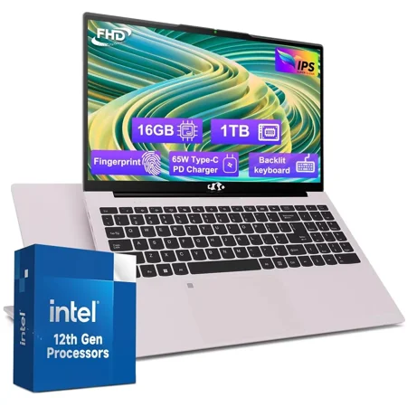 15.6'' FHD IPS High Performance Laptop, 16GB RAM 1TB SSD, Type-C 65W PD Fast Charger, Intel Pentium Quad-Core N100 Processor, Win 11 Fingerprint Backlit Keyboard Wi-Fi 6 RoseGold