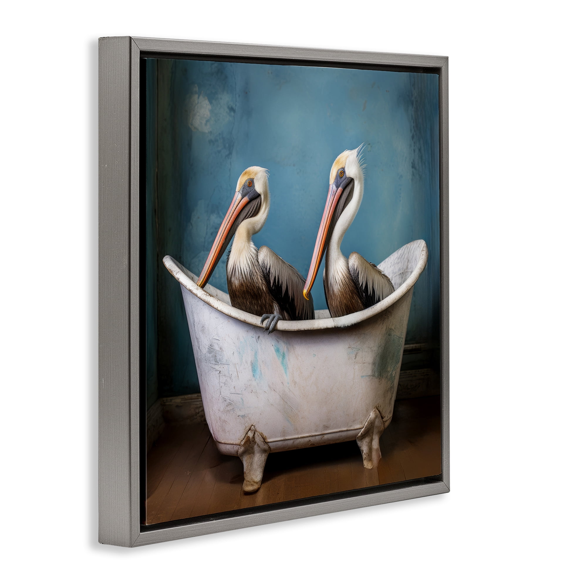 Stupell Industries Pelican Bath Time Typography Painting Gray Floater Framed Canvas Art Print Wall Art, 18 x 18