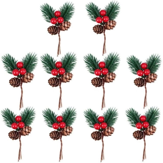 Nvzi 10 palillos de piña de Navidad para decorar, paquete de 10 palillos y espray navideños artificiales, ramas de frutos rojos con hojas de acebo para la decoración