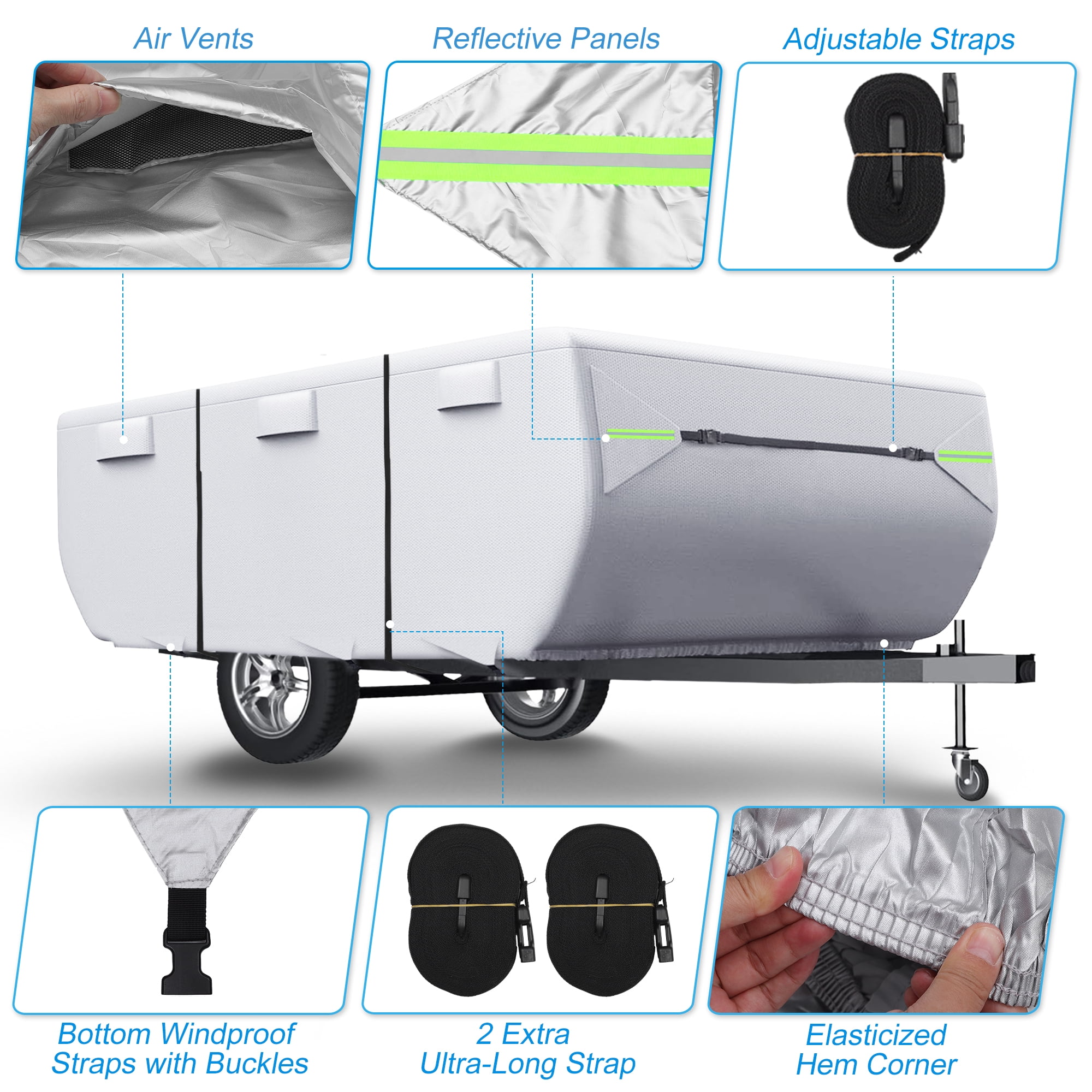Unique Bargains Pop-up Camper Trailer RV Cover with Straps Vents Silver 208" x 86" x 43"