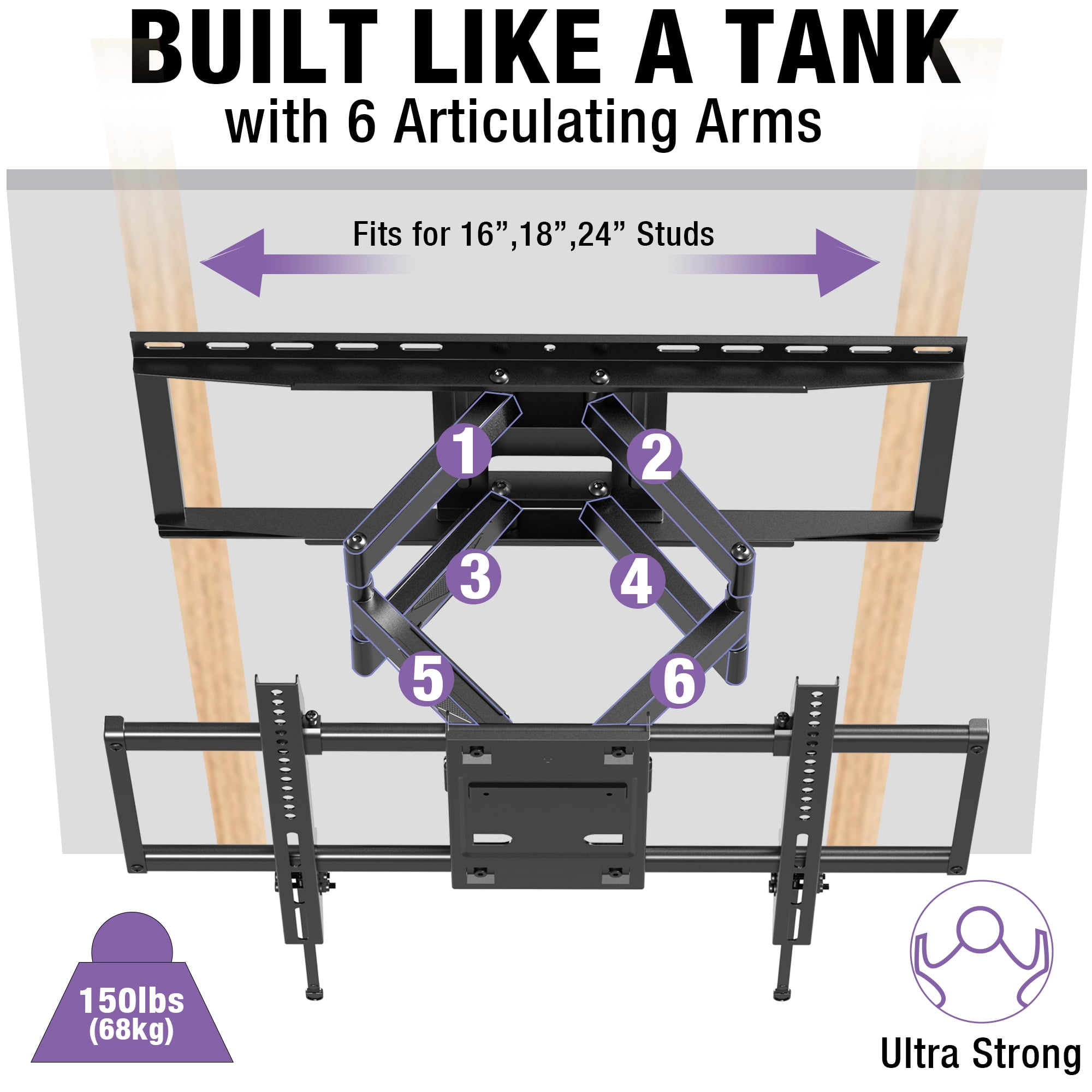 USX MOUNT Heavy Duty Full Motion Sliding TV Wall Mount for 42-90 inch TVs, Articulating 6 Arm Support up to 150lbs, Swivel & Tool-Free Tilt, Max VESA 600x400mm, Fits 12"/16"/18"/24" Wood Studs
