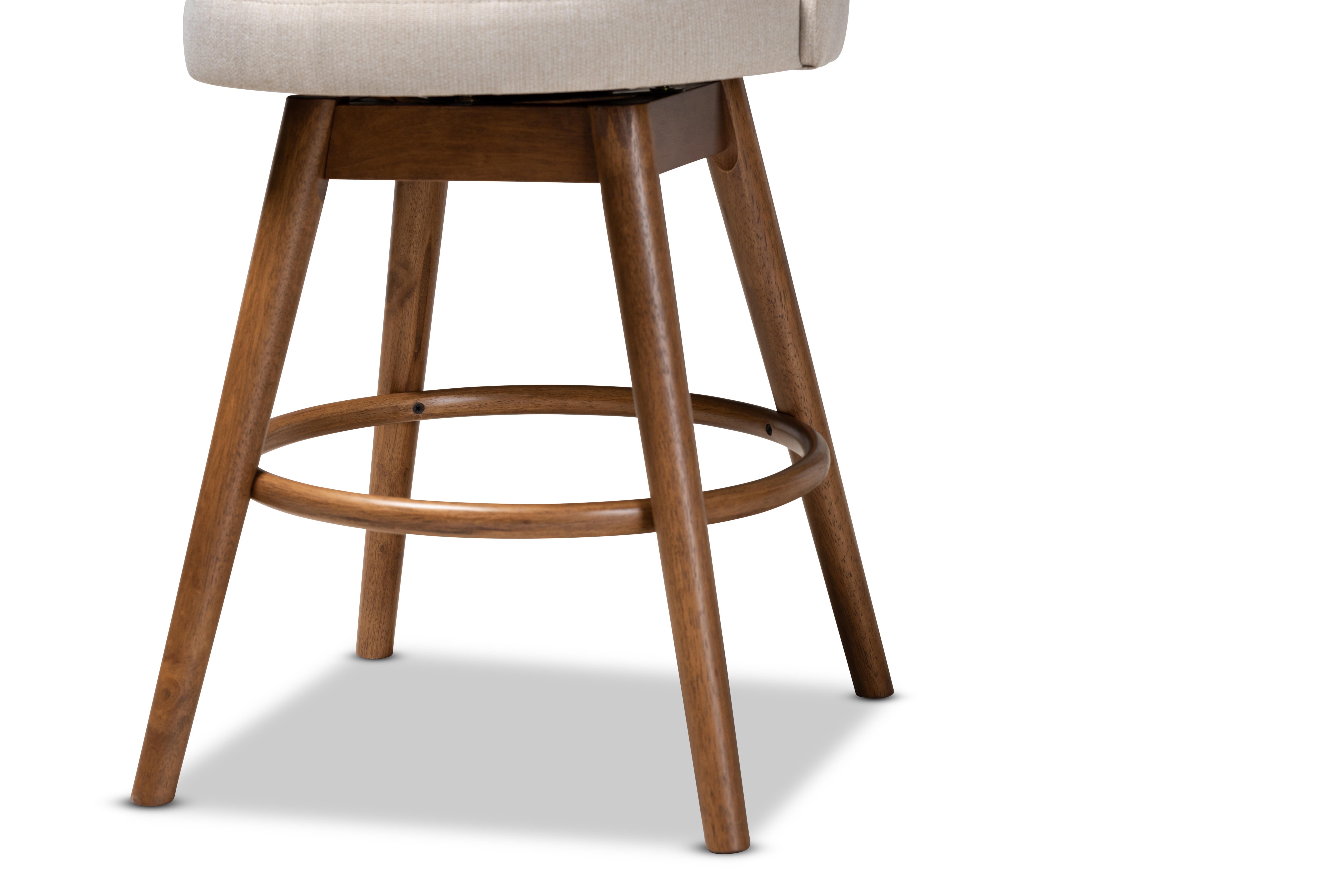 Set of 2 Baxton Studio Carra Mid-Century Modern Light Beige Fabric Upholstered Walnut-Finished Wood Swivel Counter Stool Set