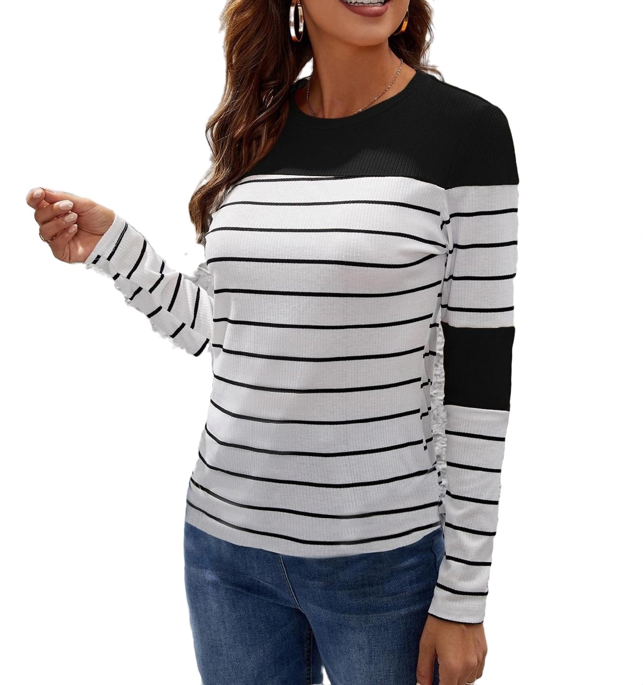 and Colorblock ( Sleeve Neck T-Shirts Long Women\'s) Women\'s Round Black White Casual