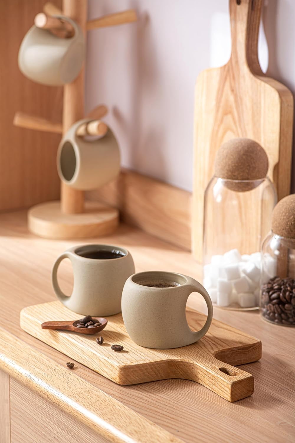 Ceramic Cappuccino Cups with Handles, Set of 4, 6 oz Clay Espresso Mugs for Double Shots, Small Coffee Cups for Latte, Cafe, Mocha, and Tea (Natural Beige)