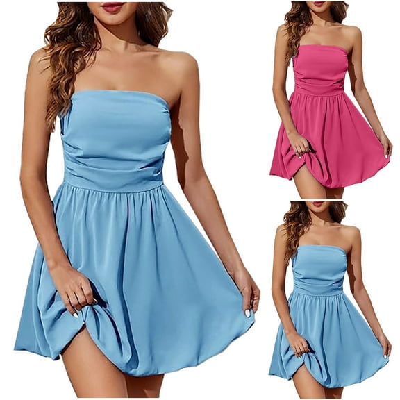Jinhomg Women's Summer Strapless Dress Sleeveless Ruched Mini Dresses Elegant A Lined Bubble Wedding Club Party Dress Blue M