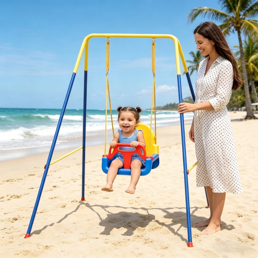 3-in-1 Kids Swing, Adjustable Height A-Frame Swing Set, Foldable Metal Swing with Safety Belt for 9 Months-8 Years, Indoor Outdoor Garden Patio
