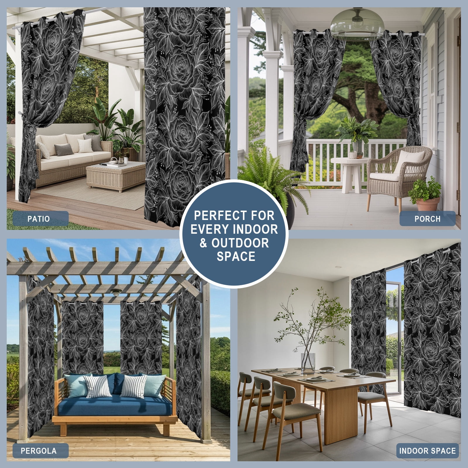 Rose Blooms Outdoor Curtains for Patio, Black Floral Elegant Sunshade Privacy Drapes Grommet Waterproof Outside Curtains for Porch/Cabana/Balcony 54"x 108", 1 Panel