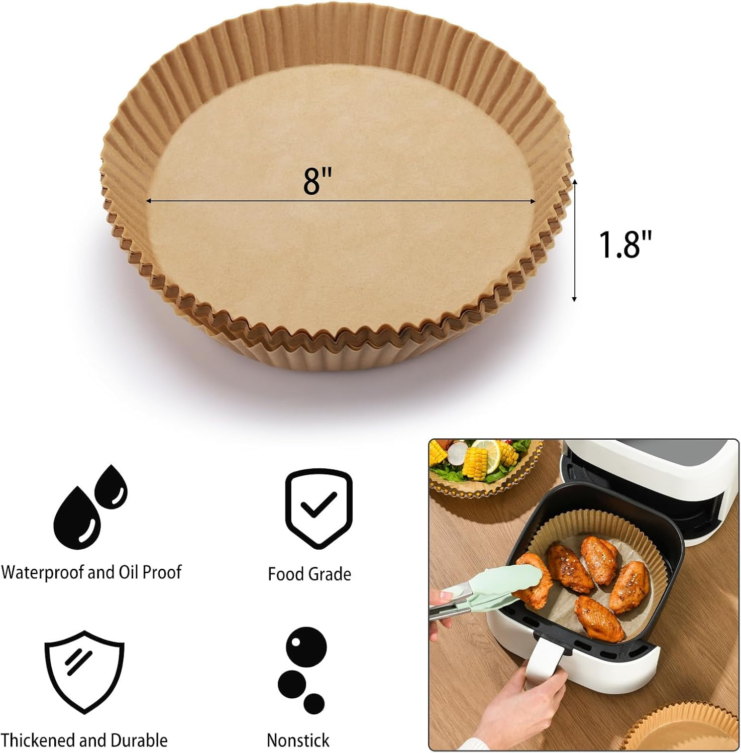 JJEAN-200Pcs Air Fryer Disposable Paper Liner, 8 Inch Round Non-Stick Air Fryer Liners Parchment Paper for 5-8 QT Air Fryer Baking Roasting Microwave