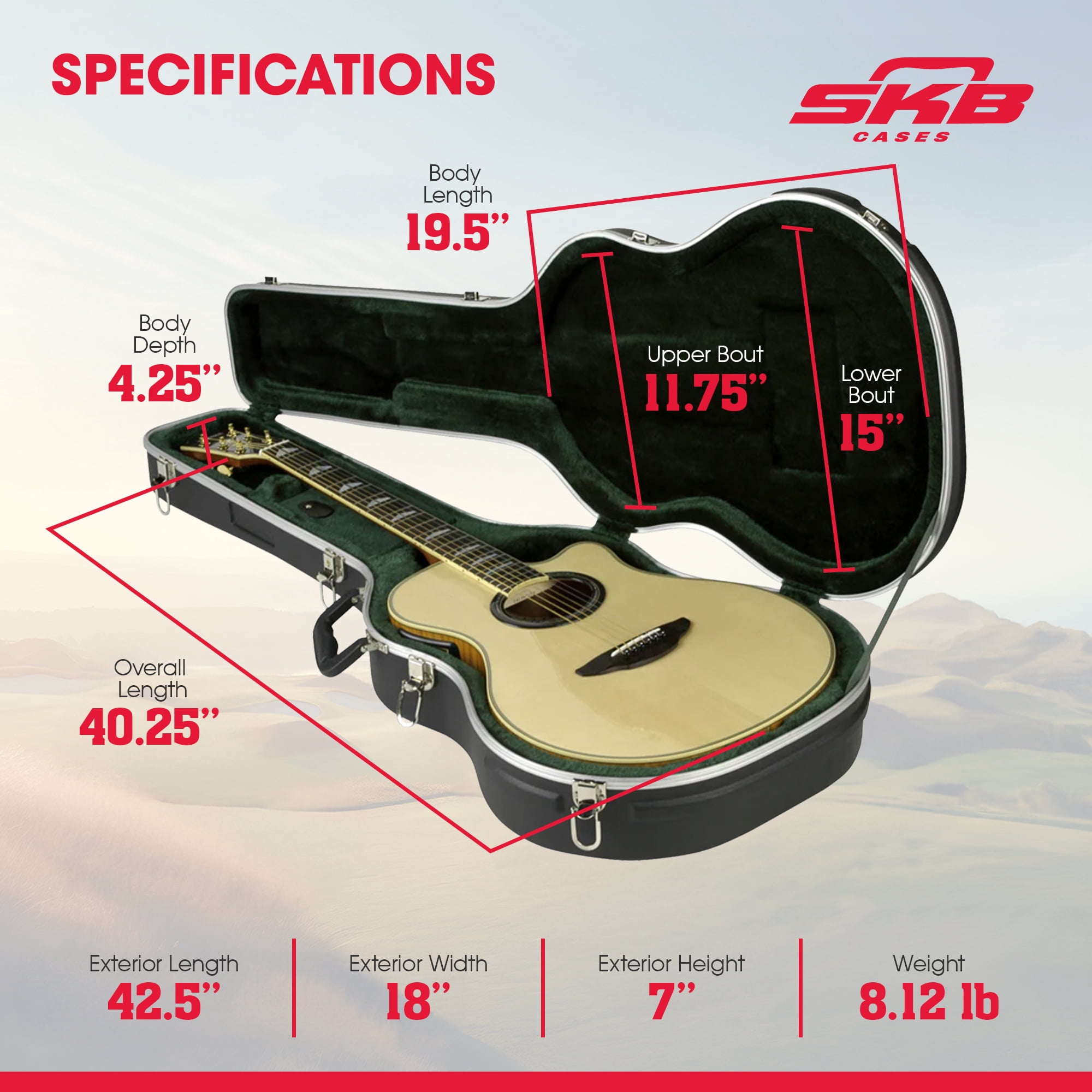 SKB Hardshell Travel Case for Thin-Line Acoustic or Electric Guitars, Black